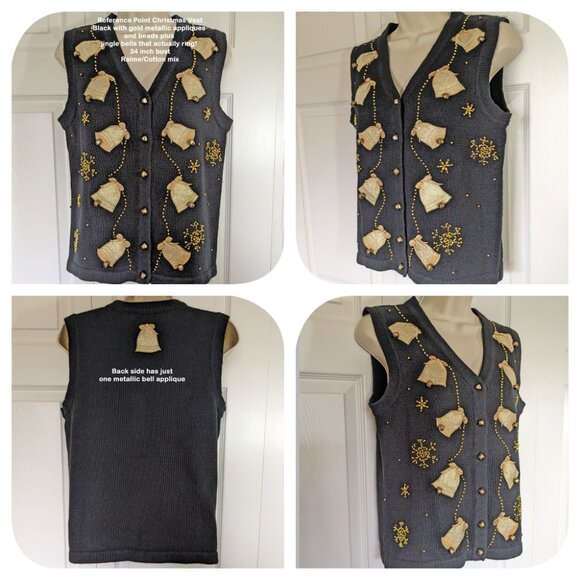 Reference Point Christmas Vest, Black, Gold appliques & beads, Jingling bells! - Picture 4 of 15